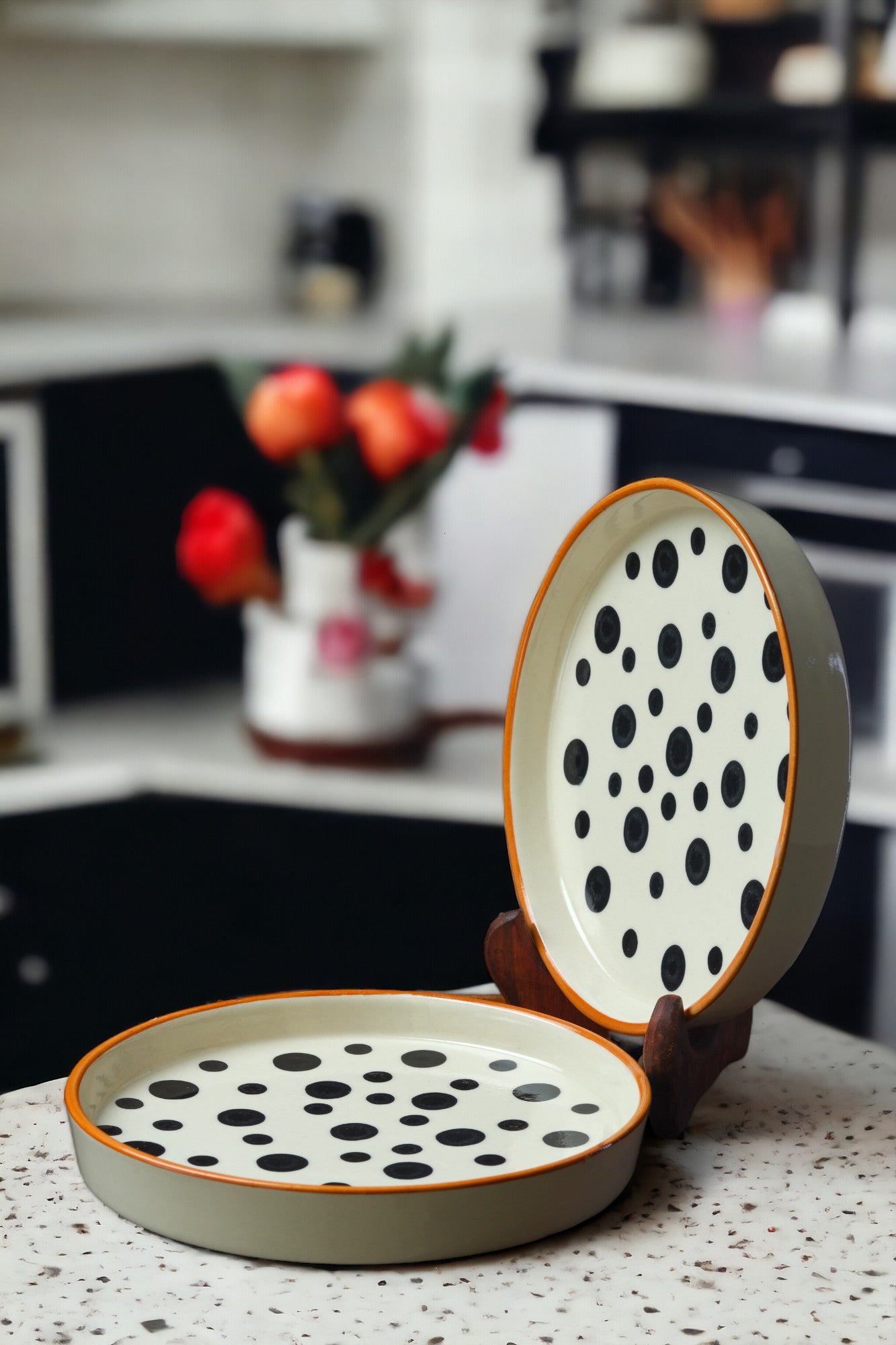 Elegant Black Blossom Ceramic Flat Plates