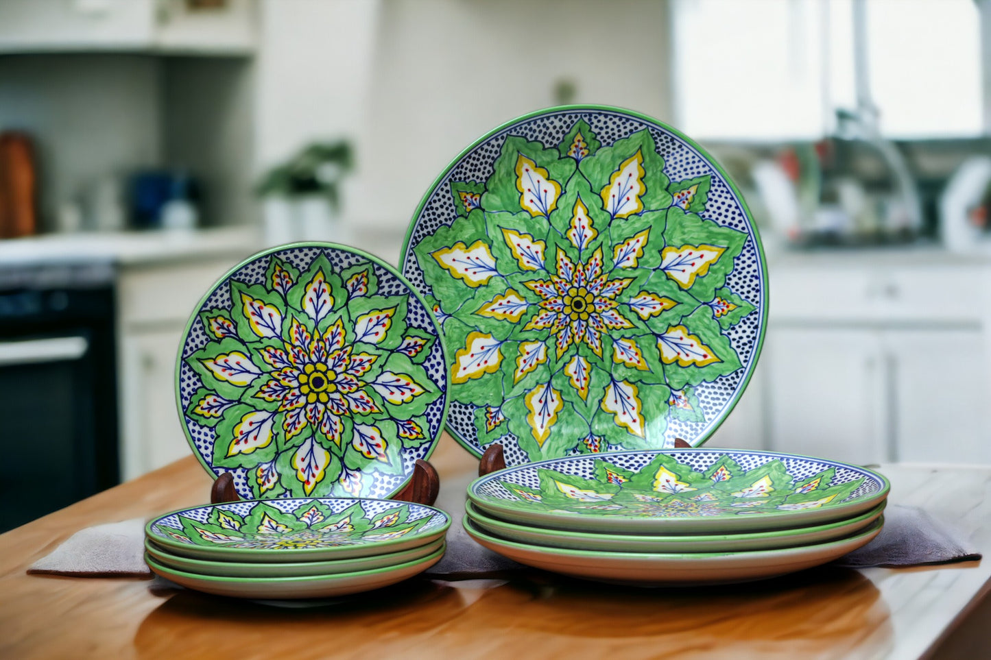Flower Patterned Green Dinner & Quarter Plate Set
